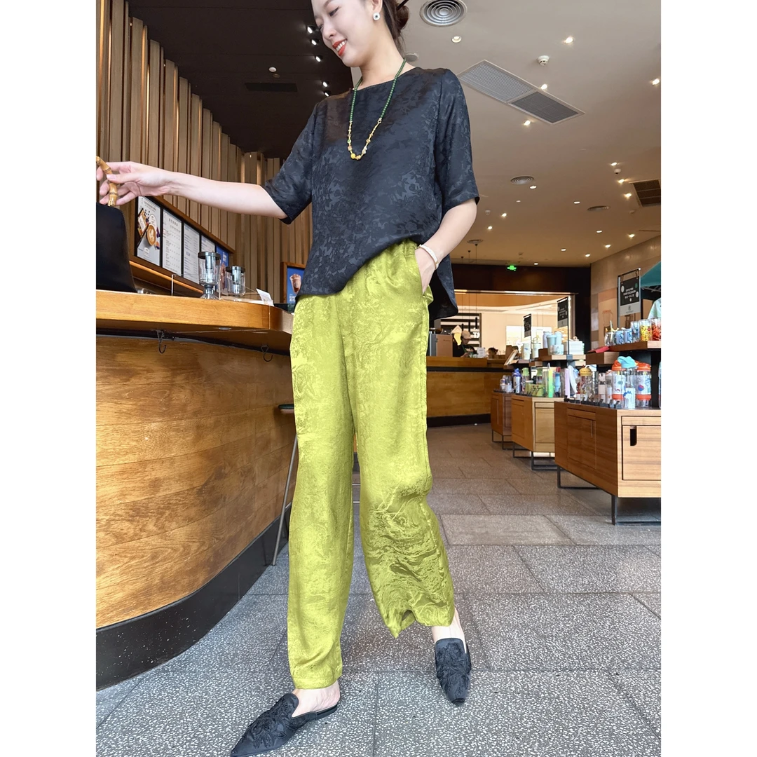 【老罗家】原创真丝女裤桑蚕丝香云纱提花长裤宽松显瘦薄款直筒裤