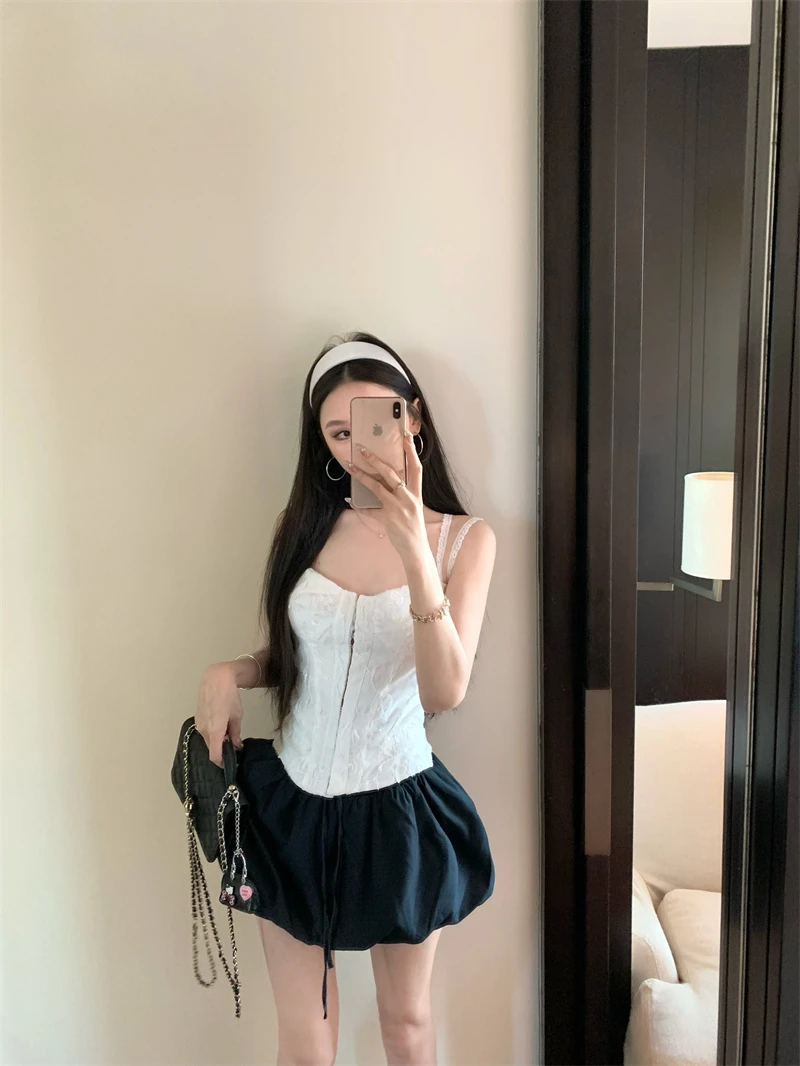 纯欲设计感立体花朵抹胸吊带背心半身裤裙#A783