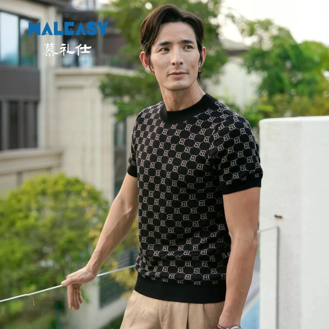 秋冬男士短袖针织衫毛衣时尚休闲百搭轻奢修身提花圆领打底衫T恤