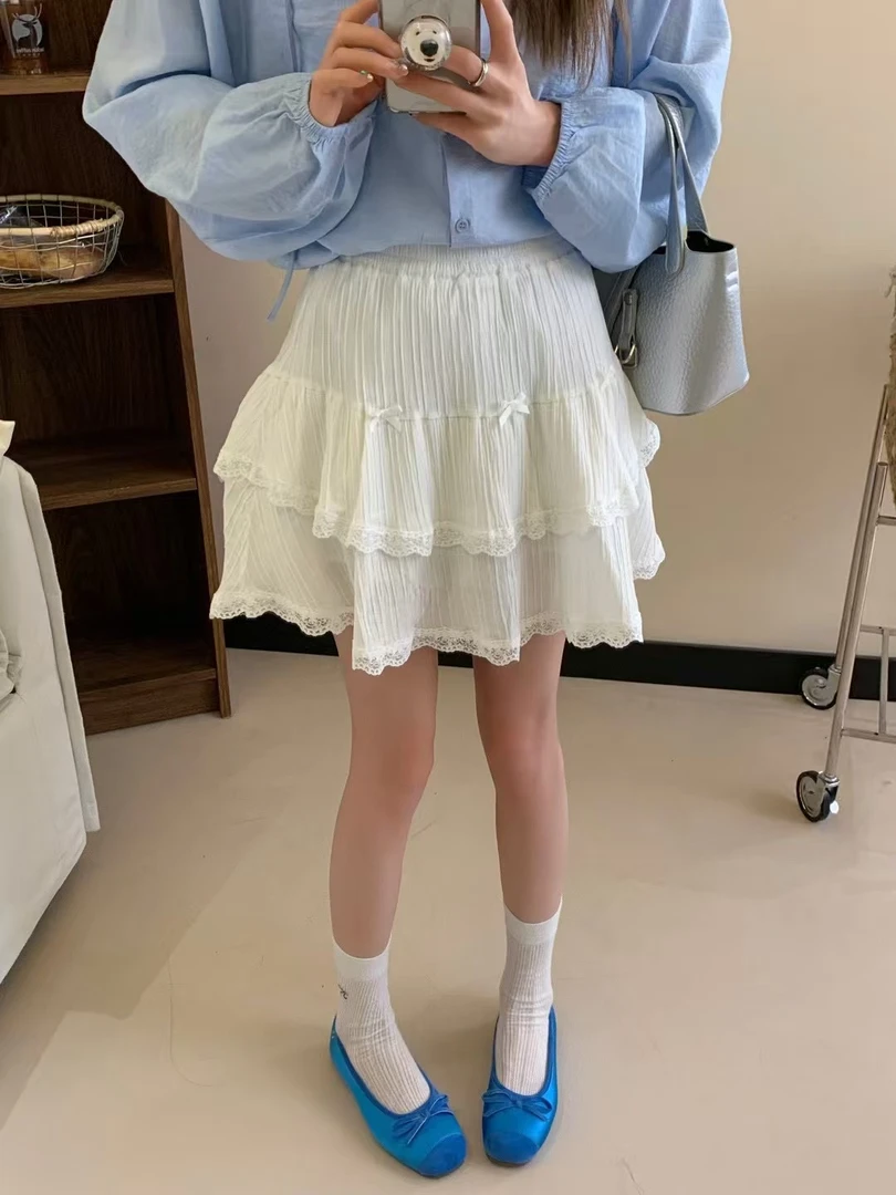 2025爆款蛋糕裙普通田园风半身裙白色甜美蝴蝶结蕾丝短裙韩版