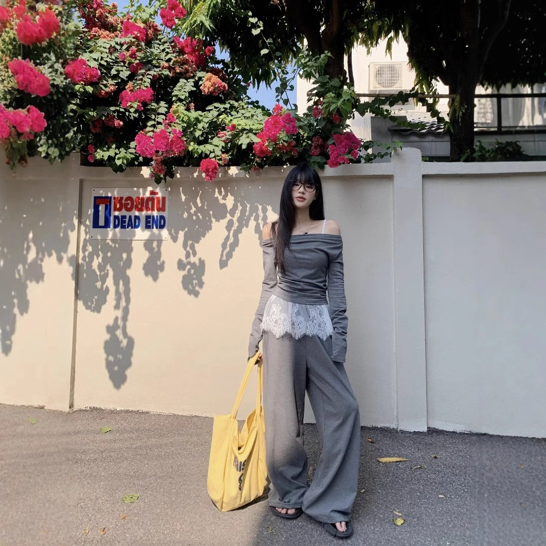 实拍 2025韩系女式蕾丝吊带灰色一字肩上衣休闲裤女
