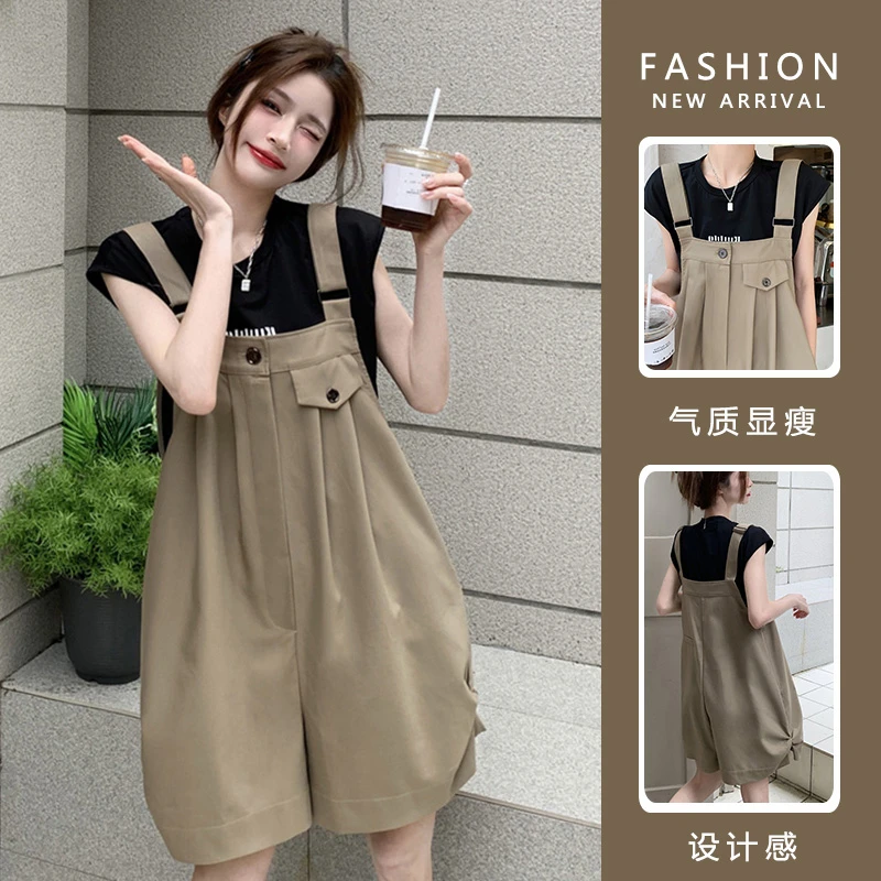 2025孕妇套装夏装新款时尚韩版小个子T恤上衣工装休闲背带裤短裤