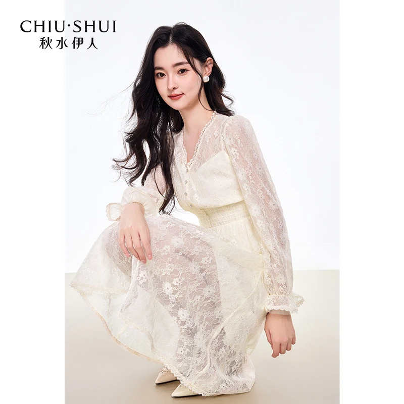 秋水伊人简约v领连衣裙2025年春季新款A字中长裙625101E020516