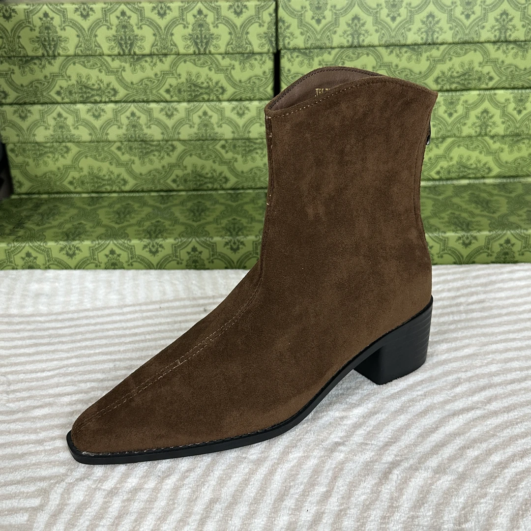 复古绒面厚底小个子增高6cm粗跟中筒靴女秋冬时尚百搭短靴