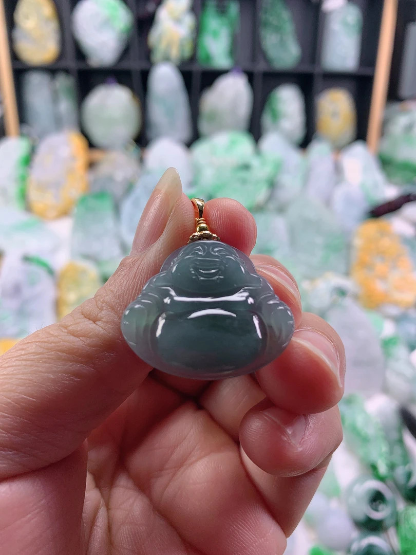 天然A货翡翠冰蓝水佛公吊坠尺寸：28.2-24.8-4.5