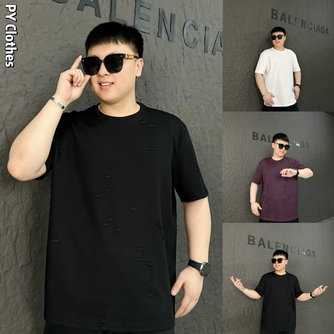 胖语大码男装 2025年秋季新款美式设计款不规则破洞短袖79057#S