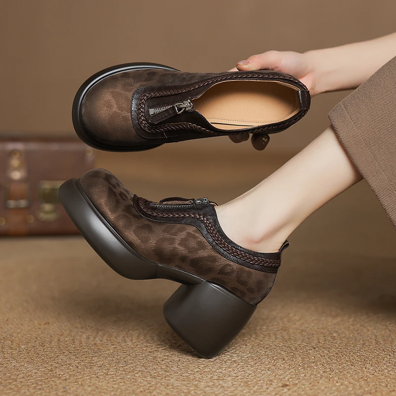 牛皮/跟高8cm/复古单鞋百搭夏季真皮粗跟厚底高跟英伦风妈妈单鞋