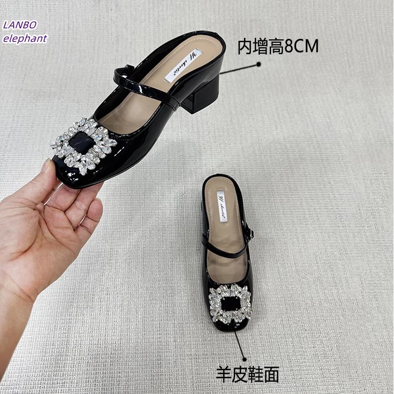 羊皮版内增高8cm法式包头凉鞋女黑色法式配裙子漆皮温柔水钻半拖