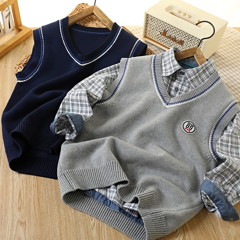 男童春秋季新款撞色线V领背心毛衣中大童学院风针织无袖背心6732