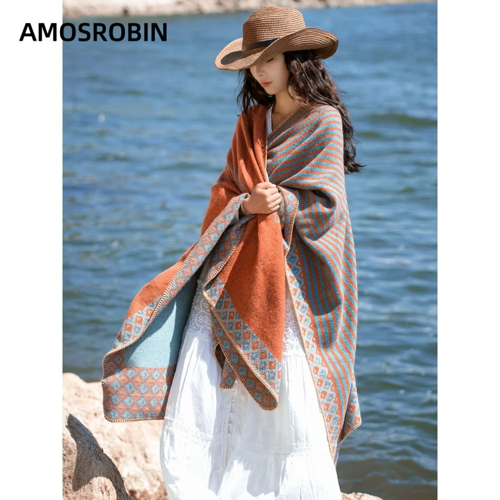 AMOS ROBIN秋冬季旅行披肩西藏云南大斗篷民族风保暖披风围巾女士