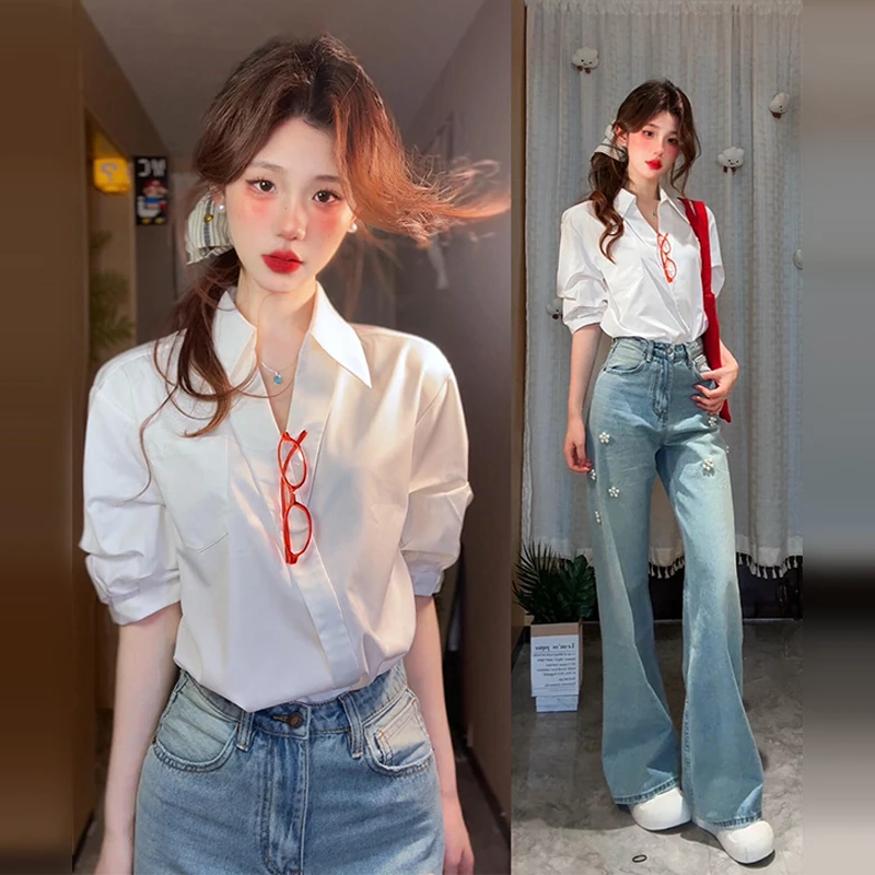 法式v领白色短袖衬衫女夏季2025新款设计感防晒衬衣气质内搭上衣