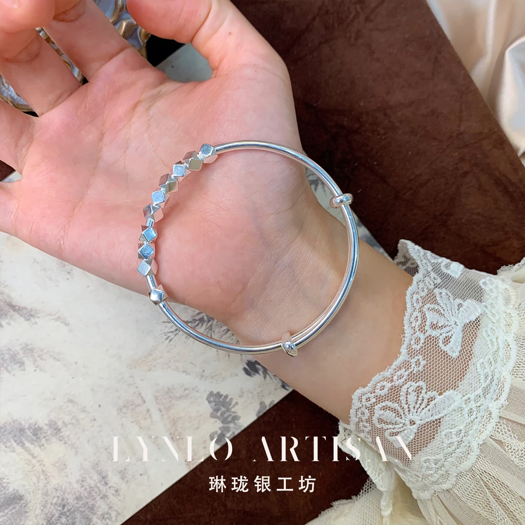 足银手镯 转运珠手镯时尚简约纯银女银饰实心素圈ins999足银镯子