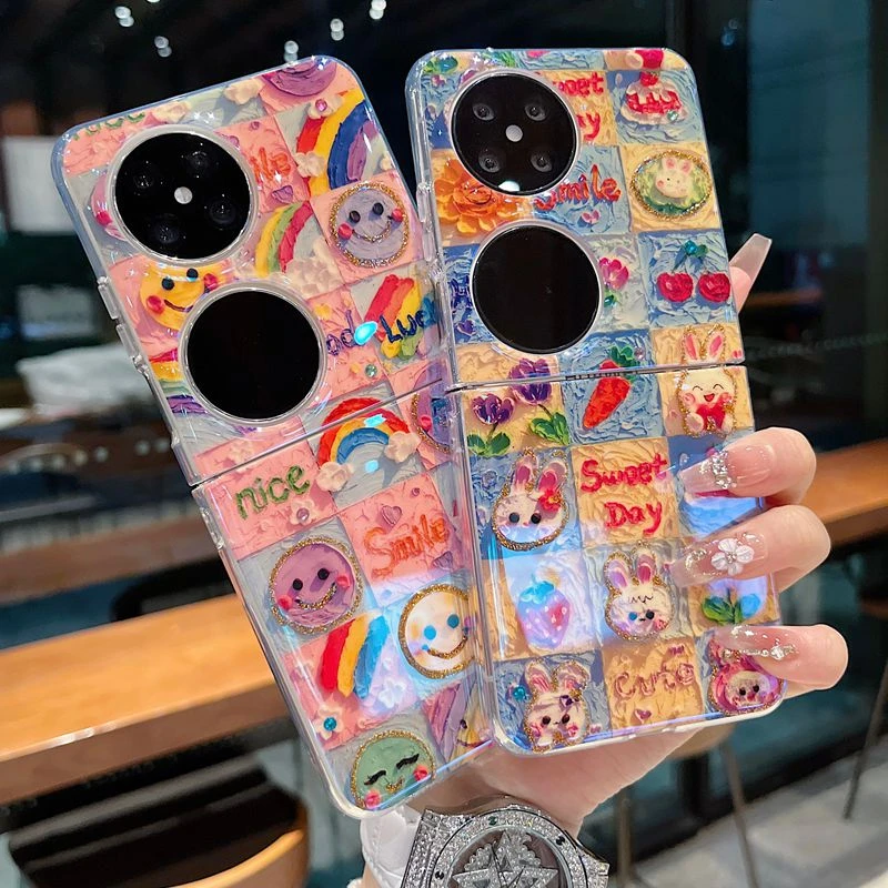 适用oppo华为折叠屏系列新款手机壳呆萌可爱油画兔子全包保护套