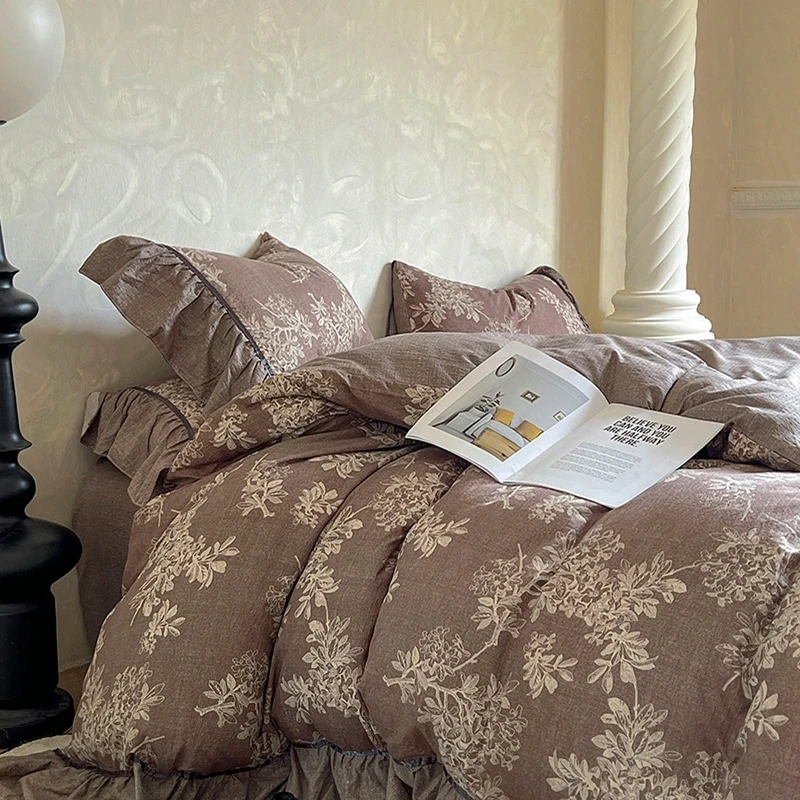 新品加厚高克重复古风亚麻皱皱纱花边四件套150*200*230cm被套1.8