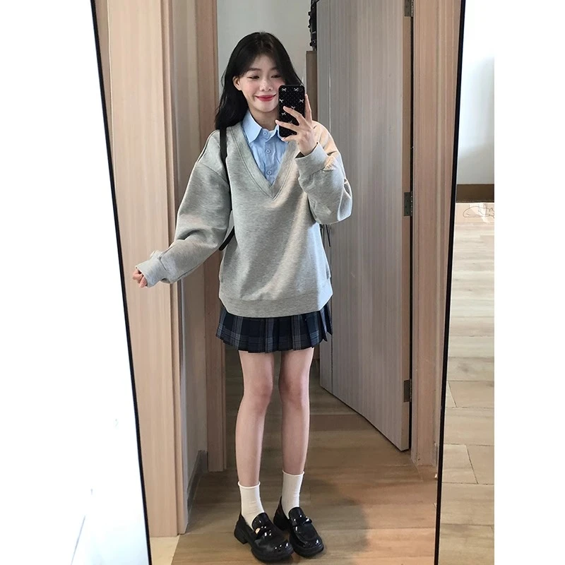 设计感小众polo领假两件卫衣女2025新款爆款春秋季美式慵懒风上衣