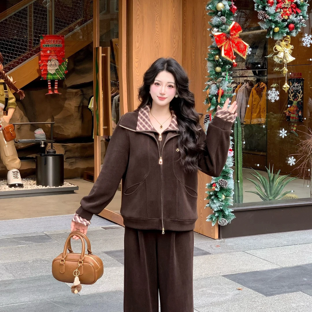 楠序乔乔大码女装 2025秋冬休闲假两件上衣两件套时尚套装NX15023