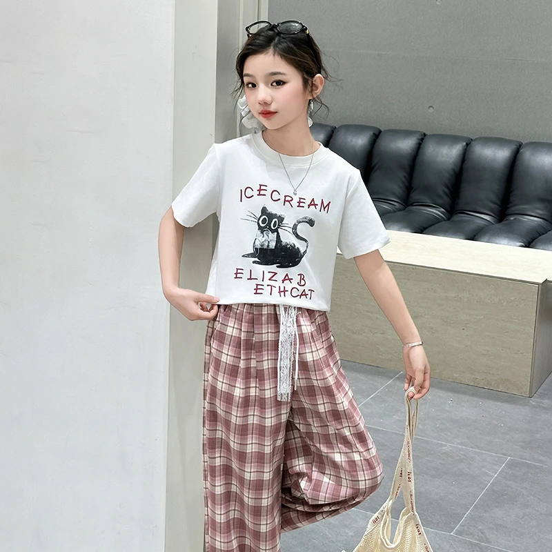 女童夏季短袖格子裤套装2025新款洋气夏装T恤儿童格子裤子两件套