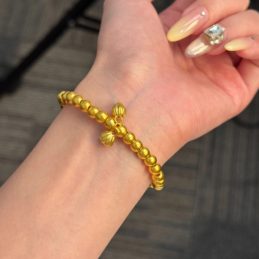 足金999卡5金珠两世欢素圈转运珠古法手链手串黄金手串 T