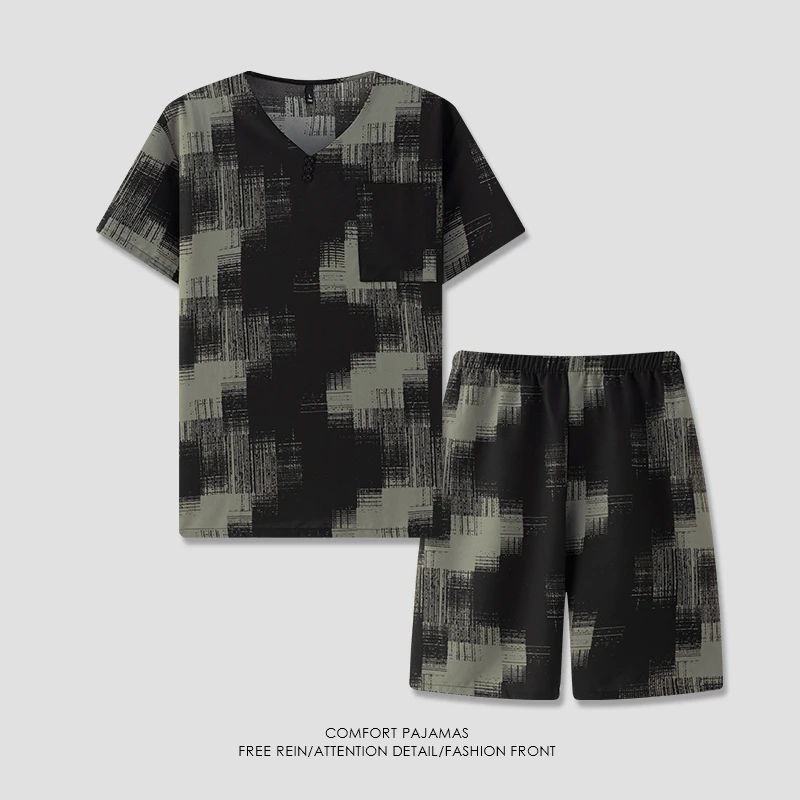 【好福份】冰爽丝夏季V领套头男款睡衣家居服套装抽象格-25197