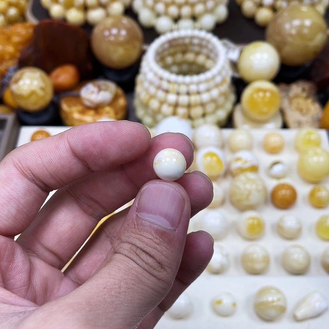 蜜蜡未镶嵌珠宝奇石10.1mm【妖花石膏瓷白】瑕疵圆珠