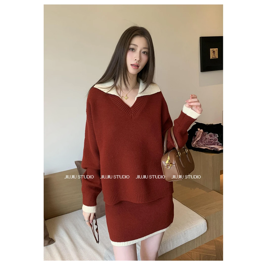 韩系气质针织套装女2025秋冬宽松毛衣百搭上衣短款半身裙两件套