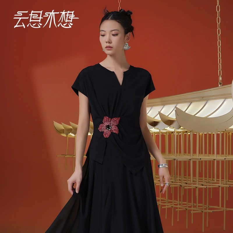 Ysimo-X云思木想 木棉花开 珠绣绣花压线褶皱莫代尔棉T恤13346