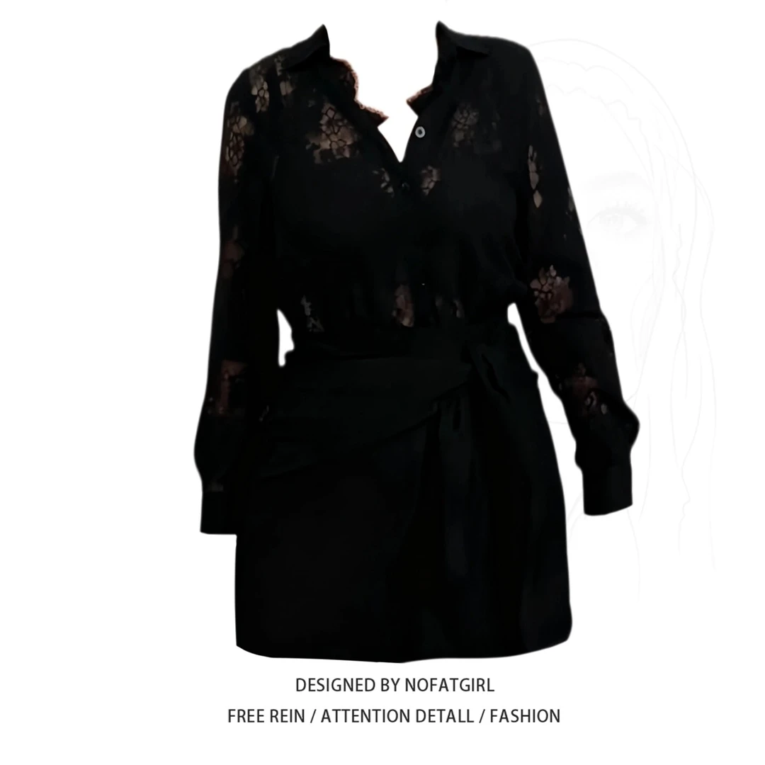 大码胖MM得体风黑色蕾丝连衣裙女秋季新款V领长袖收腰显瘦气质裙