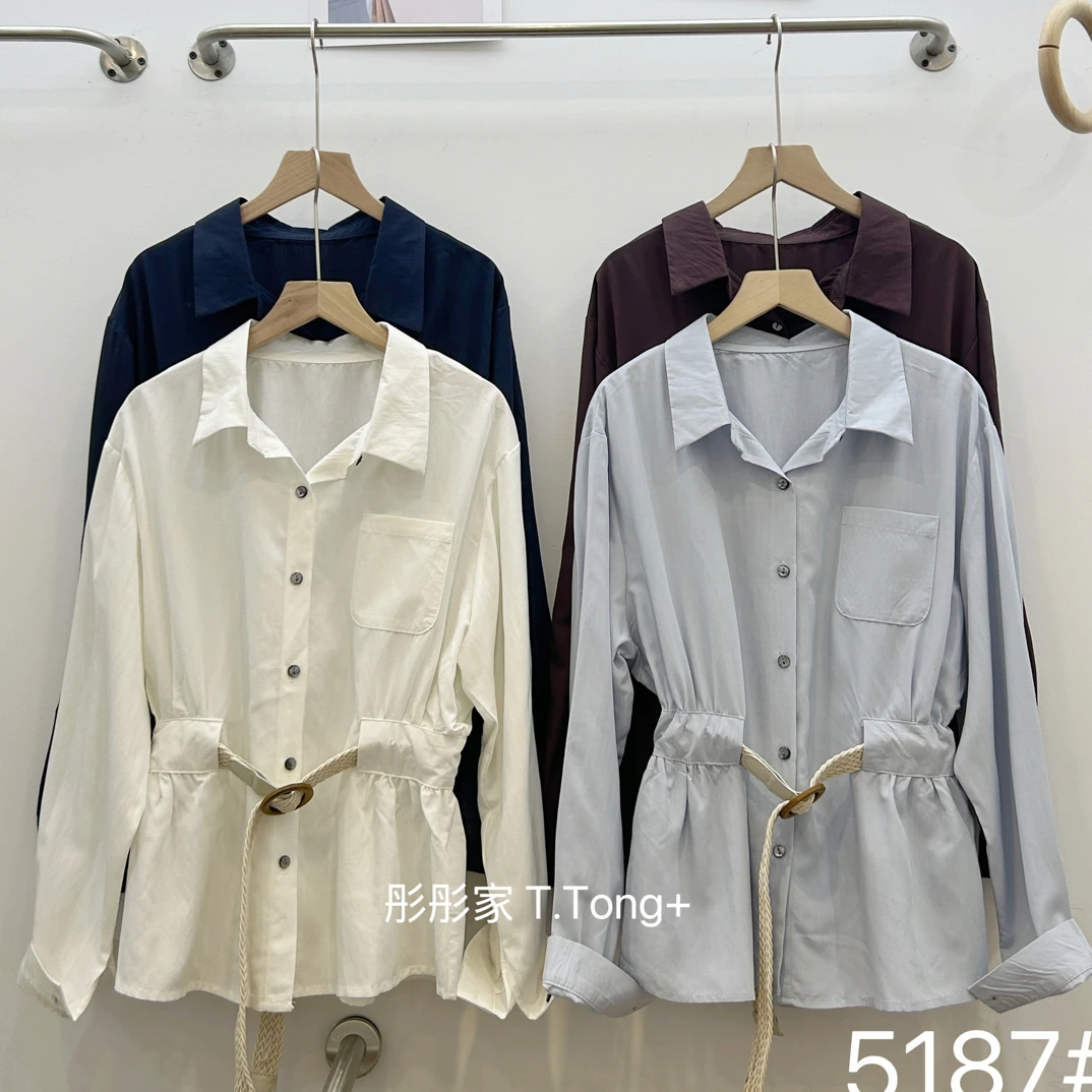 5187 腰带感设计收腰显瘦女士秋季polo领长袖衬衣（腰带可拆卸）
