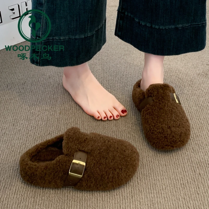 啄木鸟厚底勃肯鞋包头毛毛拖鞋女外穿2025新款一脚蹬加绒棉拖鞋女