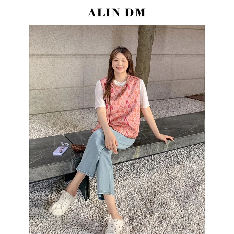 ALINDM【福禄糖宝】大码微胖mm中式印花复古手工盘扣马甲 AS26425