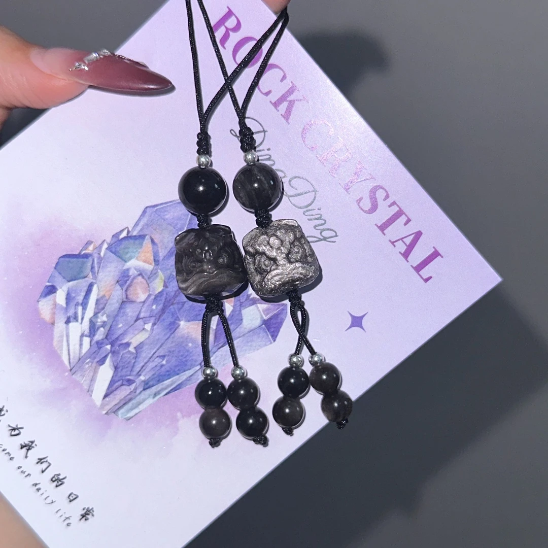 天然黑耀岩银耀石可爱招财纳福小猫  银耀石挂件手机链装饰