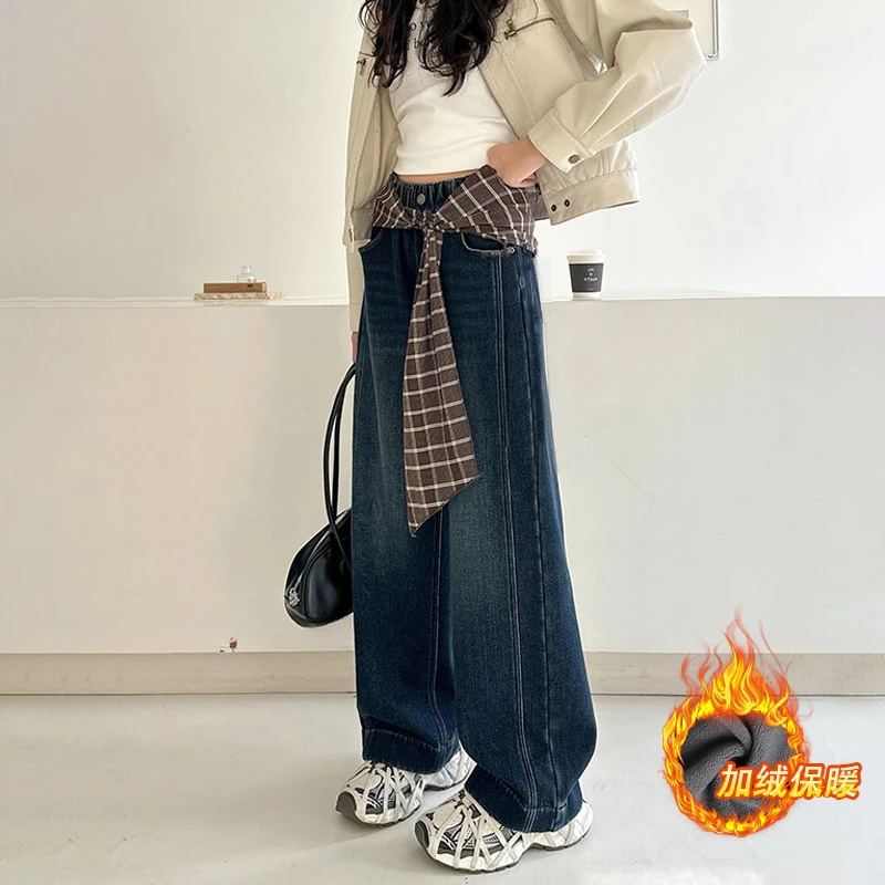 冬季加绒保暖女大童显瘦牛仔裤休闲宽松裤2025时尚百搭加厚阔腿裤