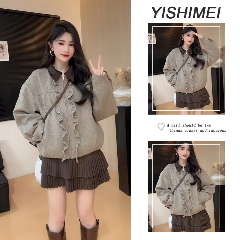 秋装搭配一整套2025年新款百搭设计感翻领外套高腰百褶短裙两件套