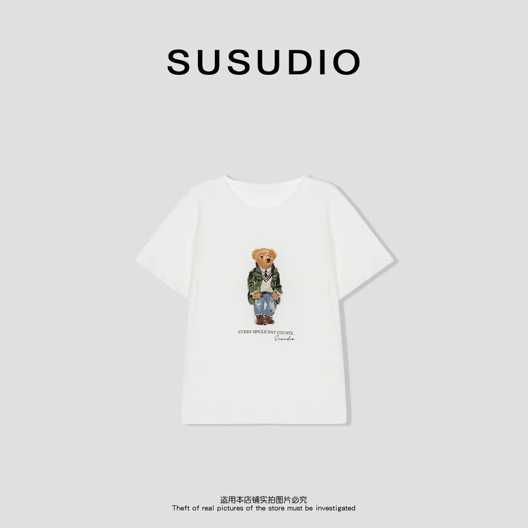 SUSUDIO 春夏减龄百搭可爱小熊印花短袖凉感圆领T恤10283