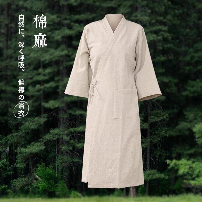 棉麻浴袍女夏季吸水新款情侣偏襟日式酒店浴袍男洗澡亚麻成人浴衣