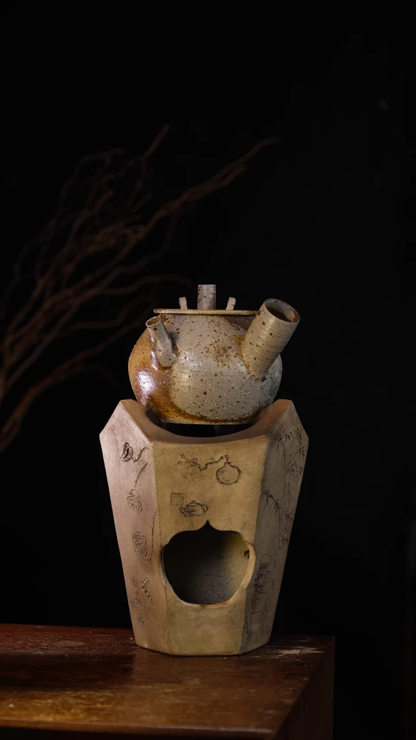 潮州纯手工柴烧穿心侧把砂銚壶天窑熏烧炭炉侘寂风