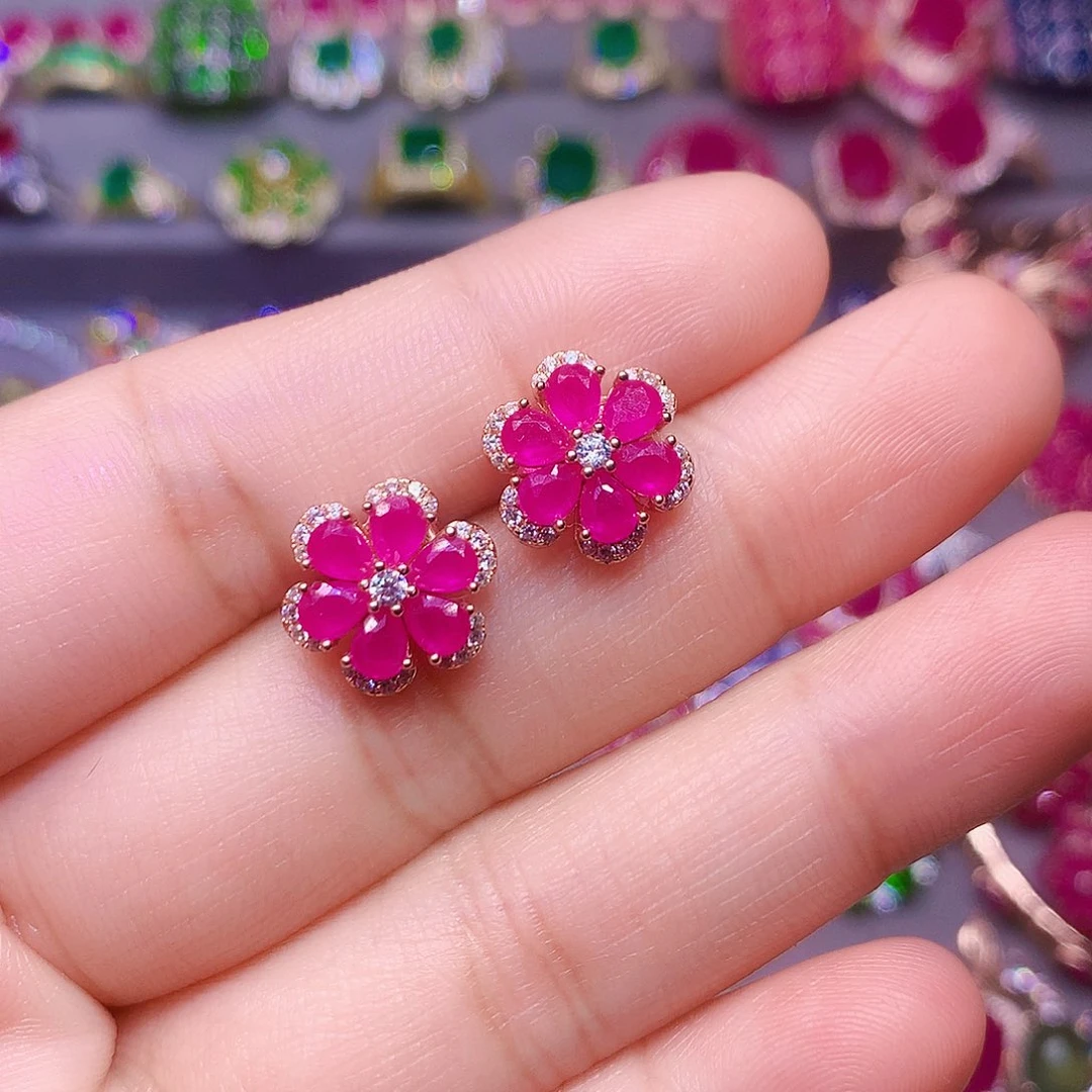 耳饰银S925镶嵌红宝石