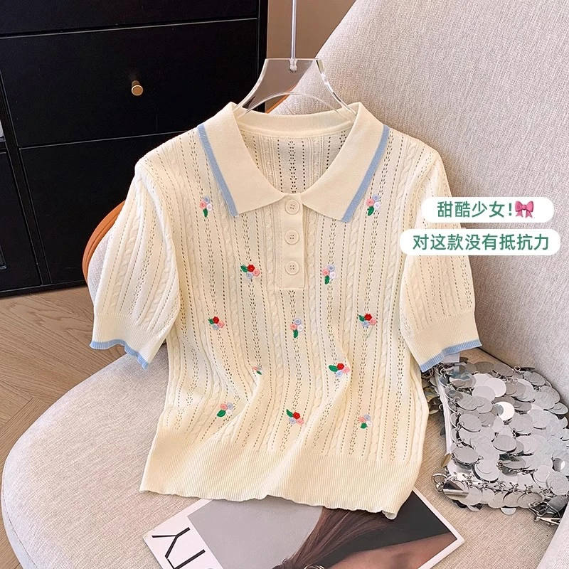 夏季减龄甜酷新款小清新花朵刺绣翻领时尚勾花镂空针织衫短袖女