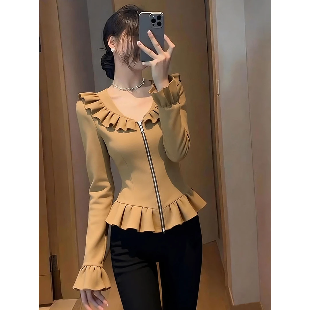 独特别致咖色拉链外套女装2025秋冬气质高级感时髦洋气荷叶边上衣