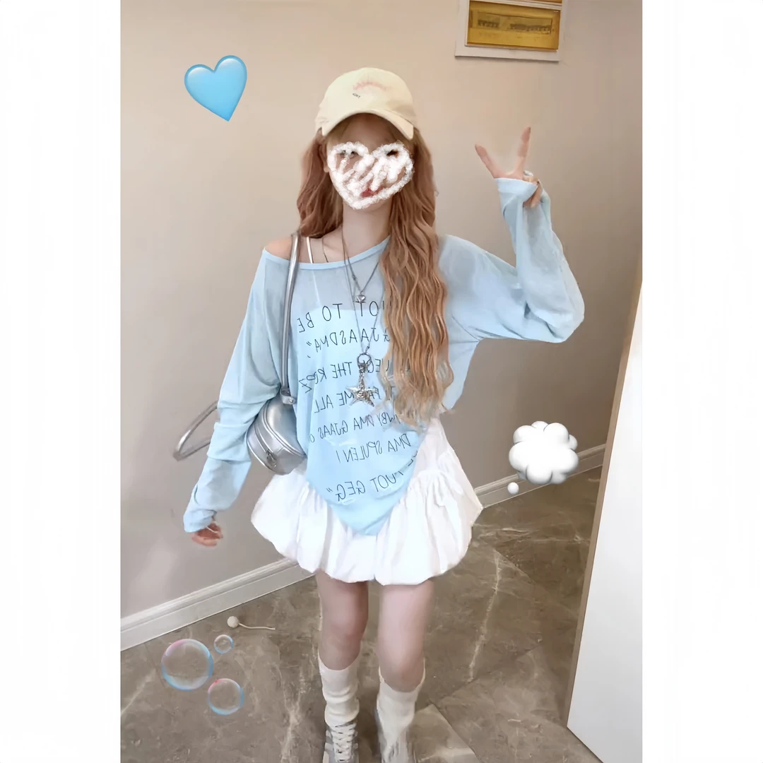 美式透气字母印花长袖T恤女+设计感蝴蝶结绑带蓬蓬裙花苞裙1136
