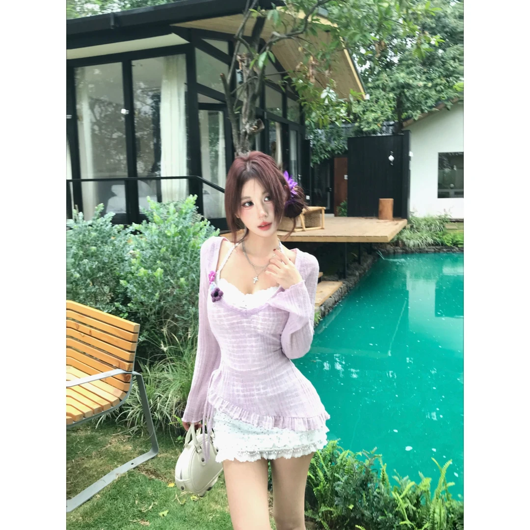 Mejiu蜜九【荼蘼花开】花花收腰连衣裙撞色出游氛围感纯欲风罩衫女