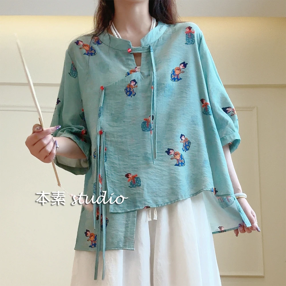 大唐风韵Y2916印花系带斜门襟立领短袖衬衫