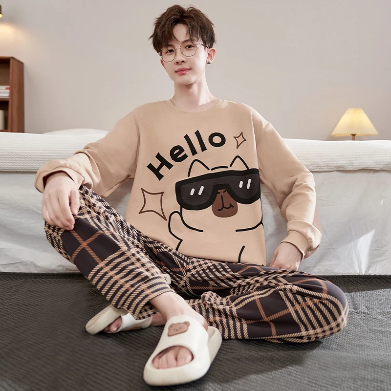 男士睡衣2025新款秋款全棉卡通青少年宽松大码男士薄款家居服套装