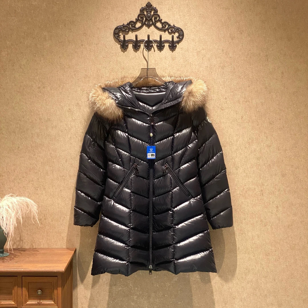 99新 MONCLER Fulmarus黑色亮面毛领长款羽绒服/黄金2码/38099