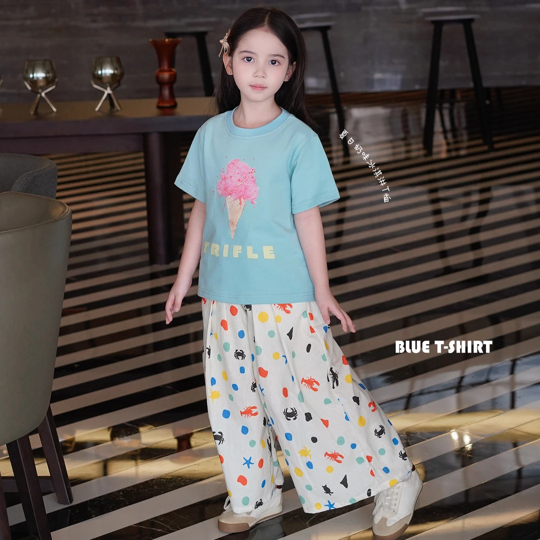 AnnieGirl女童夏季卡通T恤可爱休闲风短袖T恤阔腿裤两件套洋气
