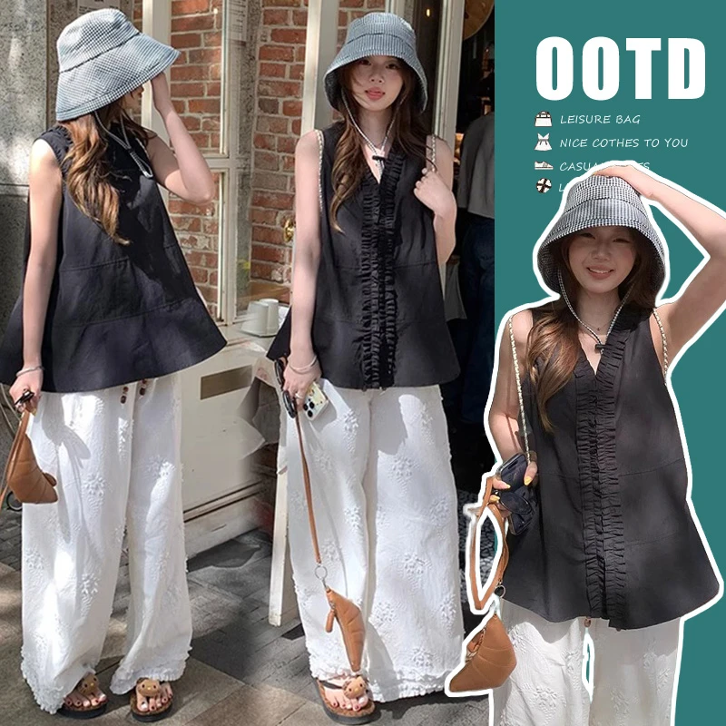 孕妇套装设计木耳边娃娃衫2025新款百搭v领无袖衬衫阔腿裤两件套