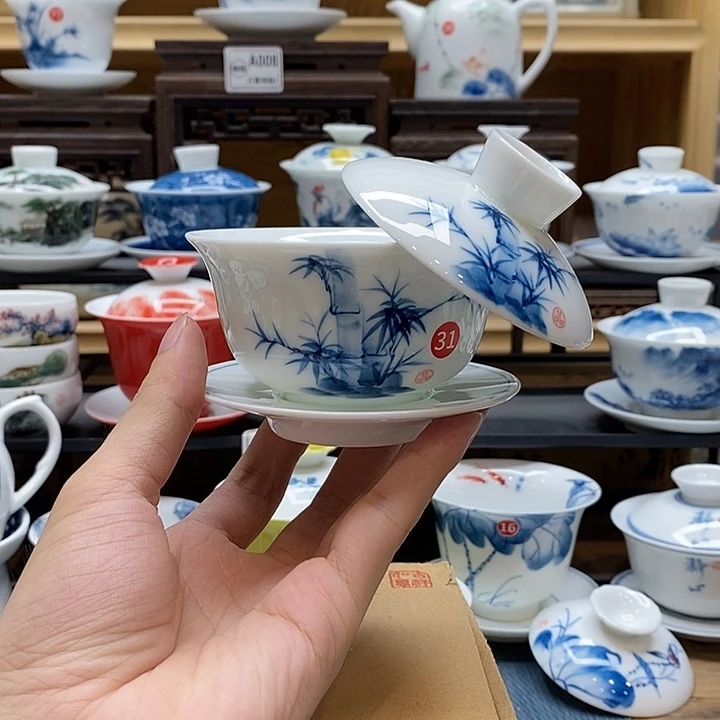手绘竹子盖碗悬停150cc釉下彩微瑕福利款