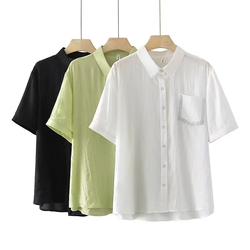 2025夏季新款女装短袖压褶衬衫衬衣宽松设计感小众烫钻口袋上衣