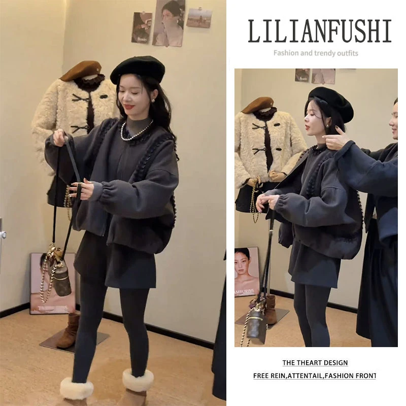 今年流行漂亮套装2025新款宽松长袖外套修身打底衫显瘦短裤三件套