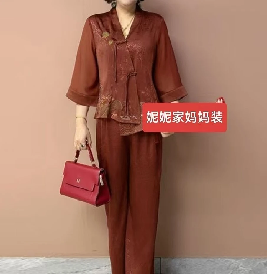纱衬衫女夏季新款妈妈盘扣小衫中年妈妈衬衣七分袖不规则上衣